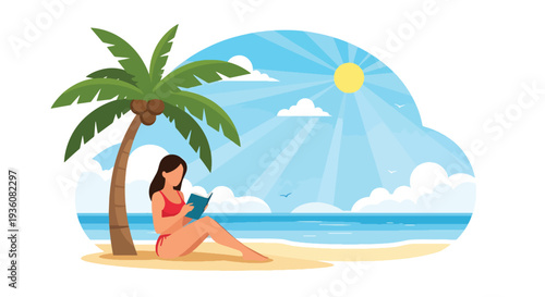 Modern vector illustration of woman reading book under palm tree on tropical beach, peaceful summer vacation lifestyle with sunny ocean atmosphere