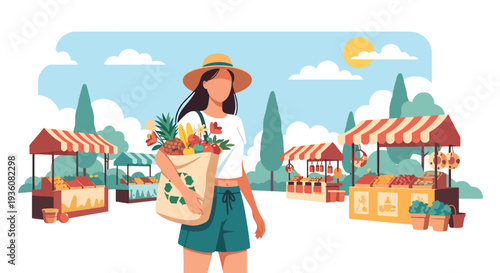 Modern vector illustration of woman shopping at outdoor summer market carrying eco bag with fruits and flowers, healthy seasonal lifestyle concept