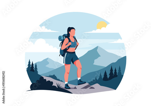 Modern vector illustration of woman hiking mountain trail with backpack in summer sportswear, outdoor adventure travel and healthy active lifestyle concept