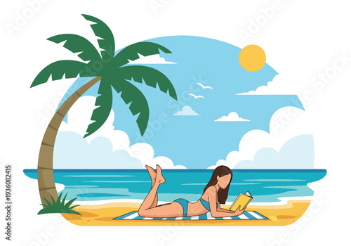 Modern vector illustration of woman reading book under palm tree on tropical beach, peaceful summer vacation lifestyle with sunny ocean atmosphere