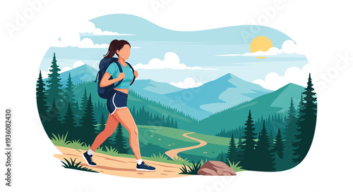 Modern vector illustration of woman hiking mountain trail with backpack in summer sportswear, outdoor adventure travel and healthy active lifestyle concept