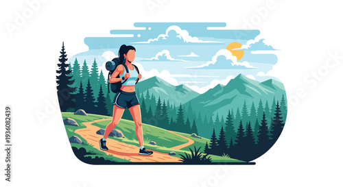 Modern vector illustration of woman hiking mountain trail with backpack in summer sportswear, outdoor adventure travel and healthy active lifestyle concept