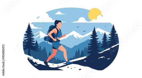 Modern vector illustration of woman hiking mountain trail with backpack in summer sportswear, outdoor adventure travel and healthy active lifestyle concept