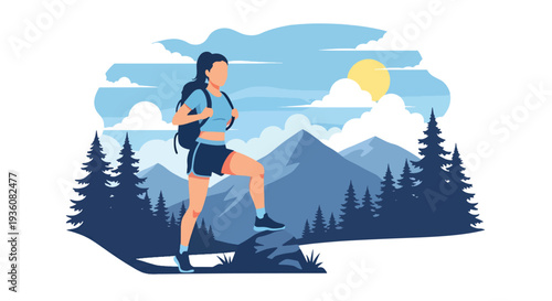Modern vector illustration of woman hiking mountain trail with backpack in summer sportswear, outdoor adventure travel and healthy active lifestyle concept