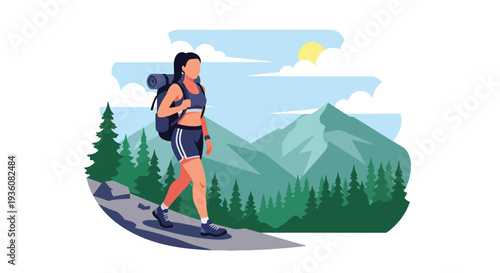 Modern vector illustration of woman hiking mountain trail with backpack in summer sportswear, outdoor adventure travel and healthy active lifestyle concept