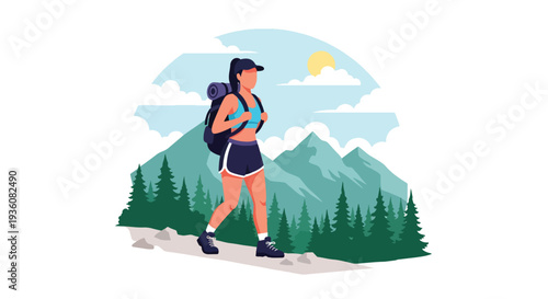 Modern vector illustration of woman hiking mountain trail with backpack in summer sportswear, outdoor adventure travel and healthy active lifestyle concept