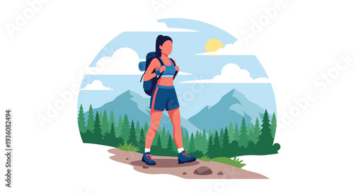 Modern vector illustration of woman hiking mountain trail with backpack in summer sportswear, outdoor adventure travel and healthy active lifestyle concept