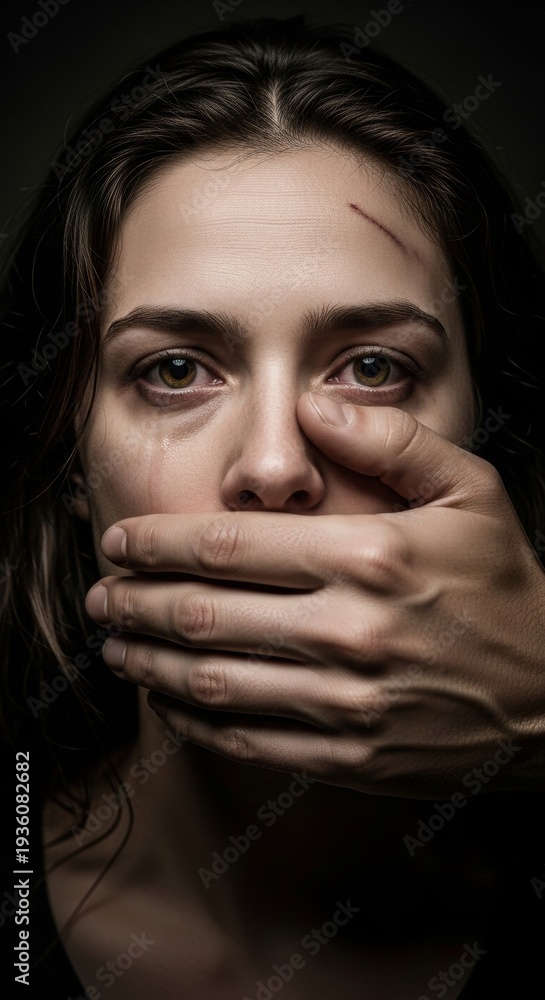 Obraz premium Mans hand covering crying womans mouth. Domestic violence and abuse concept for awareness. Fear, silence, and oppression.