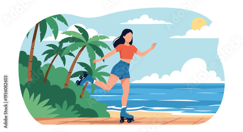 Modern vector illustration of woman roller skating on seaside boardwalk, energetic summer activity and youthful urban lifestyle concept