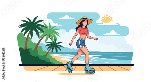 Modern vector illustration of woman roller skating on seaside boardwalk, energetic summer activity and youthful urban lifestyle concept