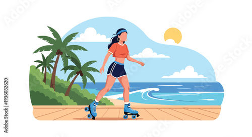 Modern vector illustration of woman roller skating on seaside boardwalk, energetic summer activity and youthful urban lifestyle concept