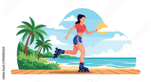 Modern vector illustration of woman roller skating on seaside boardwalk, energetic summer activity and youthful urban lifestyle concept