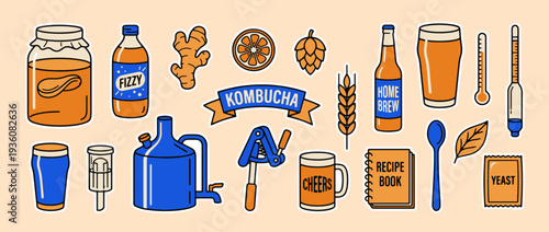 Kombucha Infusion: A comprehensive collection of components essential for crafting kombucha, showcasing the artistry and ingredients of the brewing process.