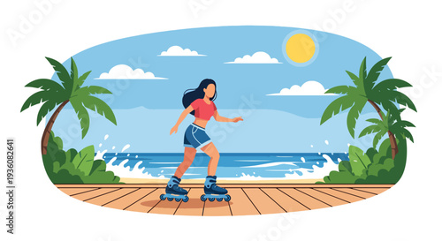 Modern vector illustration of woman roller skating on seaside boardwalk, energetic summer activity and youthful urban lifestyle concept