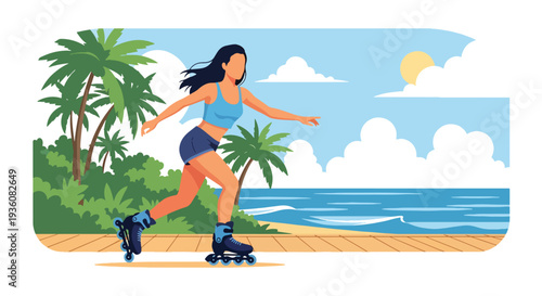 Modern vector illustration of woman roller skating on seaside boardwalk, energetic summer activity and youthful urban lifestyle concept
