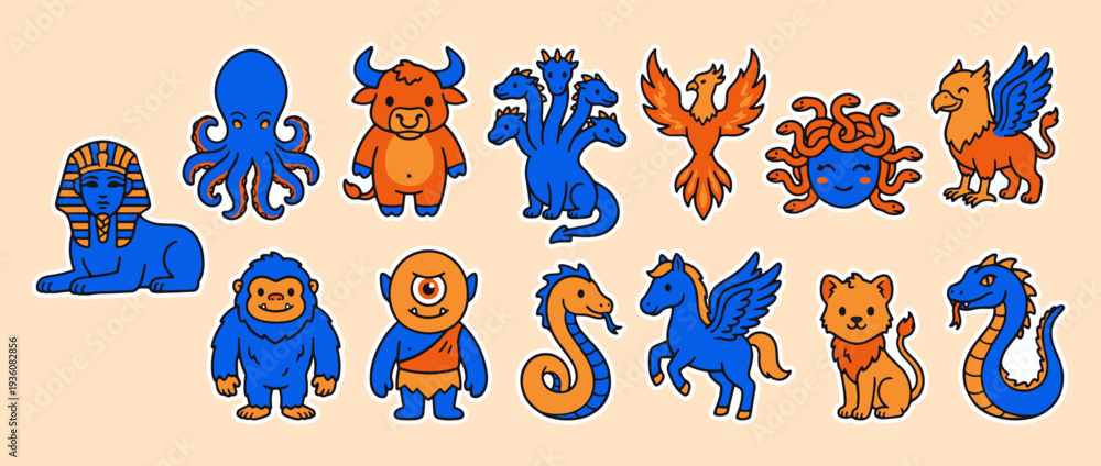 Obraz premium Mythical Creature Lineup: An assortment of vibrantly illustrated mythical creatures, each with unique features and captivating charm, perfect for storytelling and creative projects.