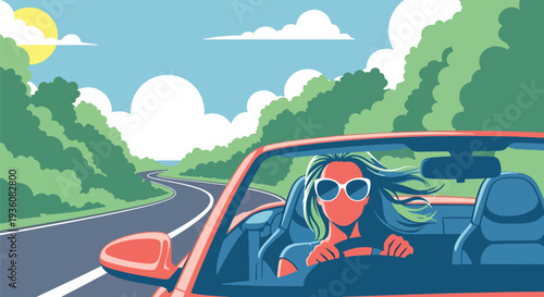 Modern vector illustration of woman driving convertible car with sunglasses, sunny summer road trip travel and freedom lifestyle concept