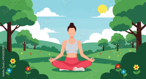 Modern vector illustration of woman meditating in sunny park with flowers and trees, summer wellness and mindfulness lifestyle concept
