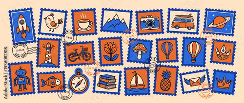 Postage Stamp Collection: A collection of charming stamps, each a miniature masterpiece capturing the essence of diverse experiences and objects.