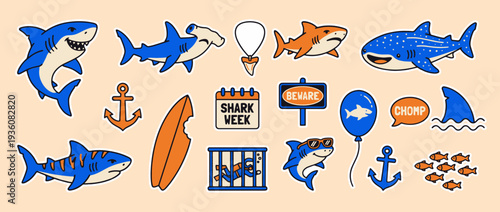 Oceanic Adventures: A vibrant collection of playful illustrations featuring a variety of sharks and related nautical elements, perfect for the shark week event or educational or decorative purposes. 