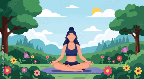 Modern vector illustration of woman meditating in sunny park with flowers and trees, summer wellness and mindfulness lifestyle concept
