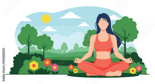 Modern vector illustration of woman meditating in sunny park with flowers and trees, summer wellness and mindfulness lifestyle concept