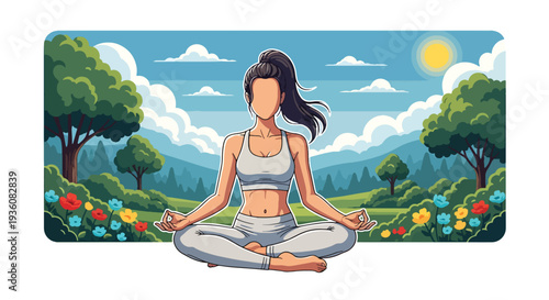 Modern vector illustration of woman meditating in sunny park with flowers and trees, summer wellness and mindfulness lifestyle concept