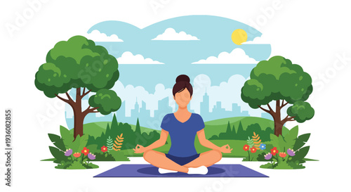 Modern vector illustration of woman meditating in sunny park with flowers and trees, summer wellness and mindfulness lifestyle concept