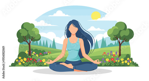 Modern vector illustration of woman meditating in sunny park with flowers and trees, summer wellness and mindfulness lifestyle concept