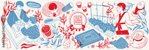 Tea ceremony. Vector Japanese and Chinese isolated illustration of a traditional teapot, matcha ritual, people drinking tea for a icons, event invitation, banner for an Asian festival