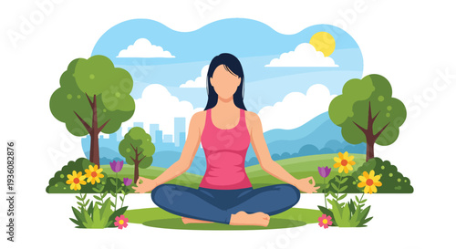 Modern vector illustration of woman meditating in sunny park with flowers and trees, summer wellness and mindfulness lifestyle concept