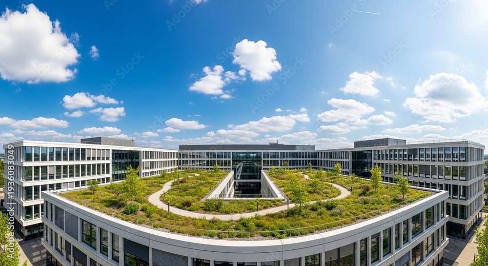 Fototapeta premium Modern office building with green rooftop garden under blue sky, EcoAwareness concept