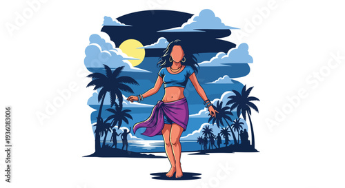 Modern vector illustration of woman dancing at beach party during sunset, vibrant summer celebration and trendy holiday lifestyle concept