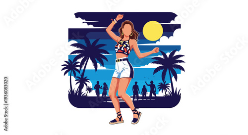 Modern vector illustration of woman dancing at beach party during sunset, vibrant summer celebration and trendy holiday lifestyle concept