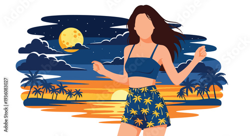 Modern vector illustration of woman dancing at beach party during sunset, vibrant summer celebration and trendy holiday lifestyle concept