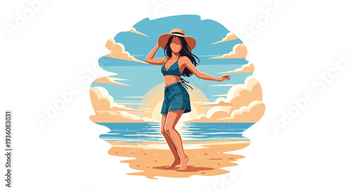 Modern vector illustration of woman dancing at beach party during sunset, vibrant summer celebration and trendy holiday lifestyle concept
