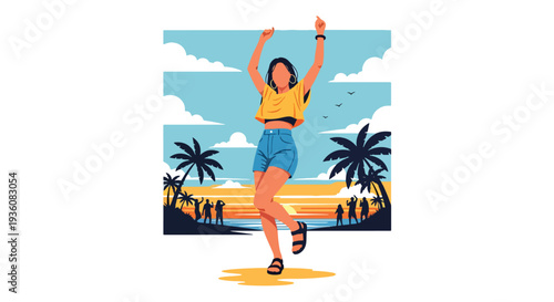 Modern vector illustration of woman dancing at beach party during sunset, vibrant summer celebration and trendy holiday lifestyle concept