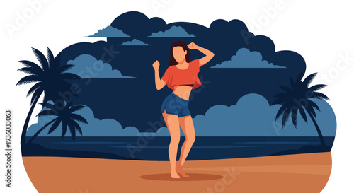 Modern vector illustration of woman dancing at beach party during sunset, vibrant summer celebration and trendy holiday lifestyle concept