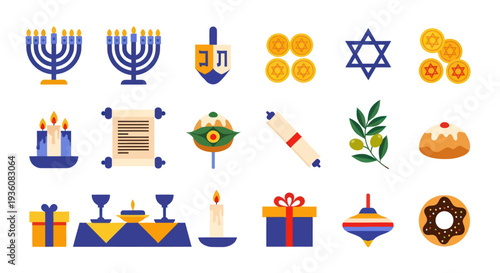 Holiday icons menorahs dreidels and symbols