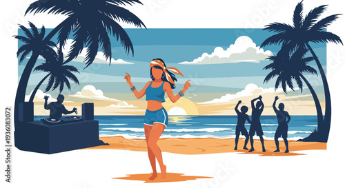 Modern vector illustration of woman dancing at beach party during sunset, vibrant summer celebration and trendy holiday lifestyle concept