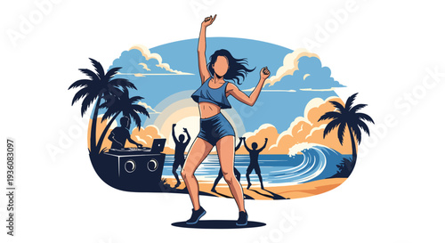 Modern vector illustration of woman dancing at beach party during sunset, vibrant summer celebration and trendy holiday lifestyle concept