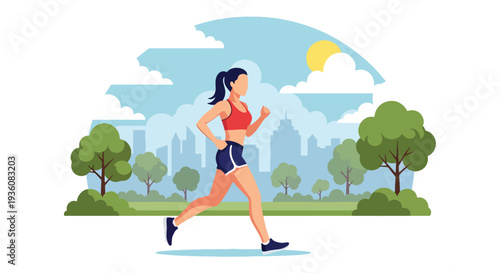Modern vector illustration of woman jogging in sunny city park wearing summer fitness outfit, healthy active lifestyle and seasonal outdoor exercise concept