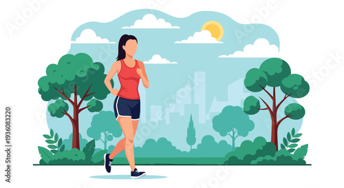 Modern vector illustration of woman jogging in sunny city park wearing summer fitness outfit, healthy active lifestyle and seasonal outdoor exercise concept