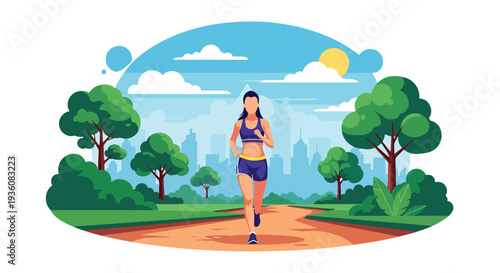 Modern vector illustration of woman jogging in sunny city park wearing summer fitness outfit, healthy active lifestyle and seasonal outdoor exercise concept