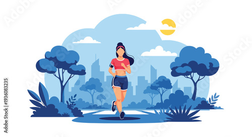 Modern vector illustration of woman jogging in sunny city park wearing summer fitness outfit, healthy active lifestyle and seasonal outdoor exercise concept