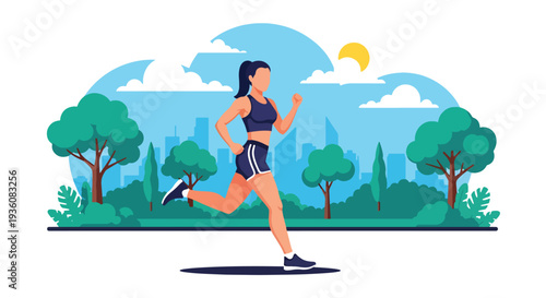 Modern vector illustration of woman jogging in sunny city park wearing summer fitness outfit, healthy active lifestyle and seasonal outdoor exercise concept