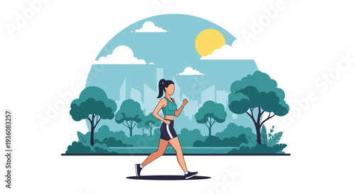 Modern vector illustration of woman jogging in sunny city park wearing summer fitness outfit, healthy active lifestyle and seasonal outdoor exercise concept