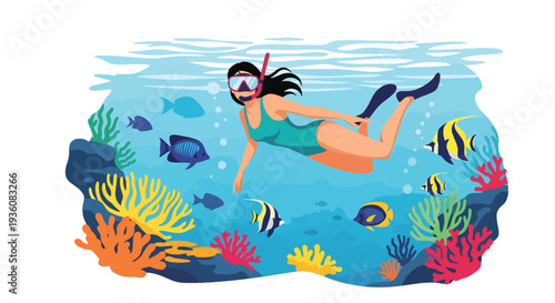 Modern vector illustration of woman snorkeling in clear tropical water with fish silhouettes, vibrant summer ocean travel and underwater adventure concept