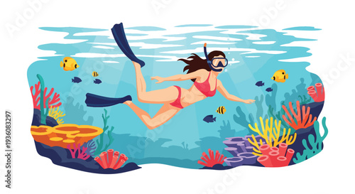 Modern vector illustration of woman snorkeling in clear tropical water with fish silhouettes, vibrant summer ocean travel and underwater adventure concept