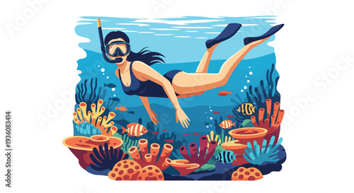 Modern vector illustration of woman snorkeling in clear tropical water with fish silhouettes, vibrant summer ocean travel and underwater adventure concept